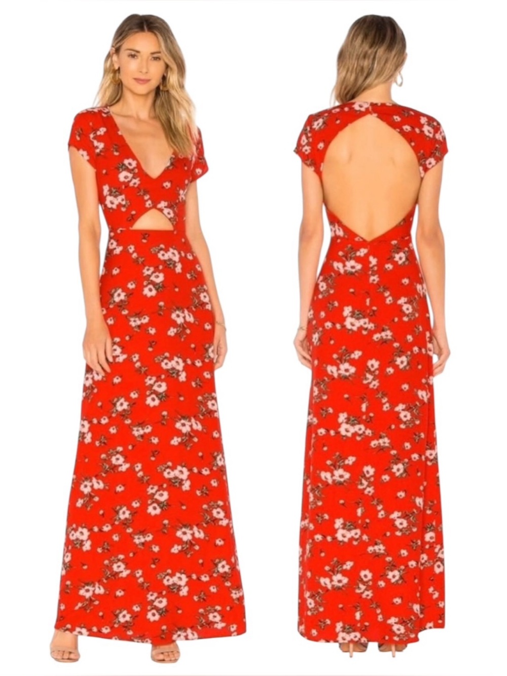 NEW REVOLVE About Us Red Floral Open Back Cutout Maxi Dress Size Medium NWT